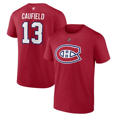 T-shirt rouge authentique avec nom et numéro Stack pour hommes Fanatics Cole Caufield logo des Canadiens de Montréal