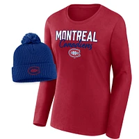 Women's Fanatics Blue/Red Montreal Canadiens Tail Sweep Long Sleeve T-Shirt & Cuffed Knit Hat with Pom Combo Set