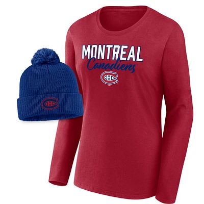 Women's Fanatics Blue/Red Montreal Canadiens Tail Sweep Long Sleeve T-Shirt & Cuffed Knit Hat with Pom Combo Set