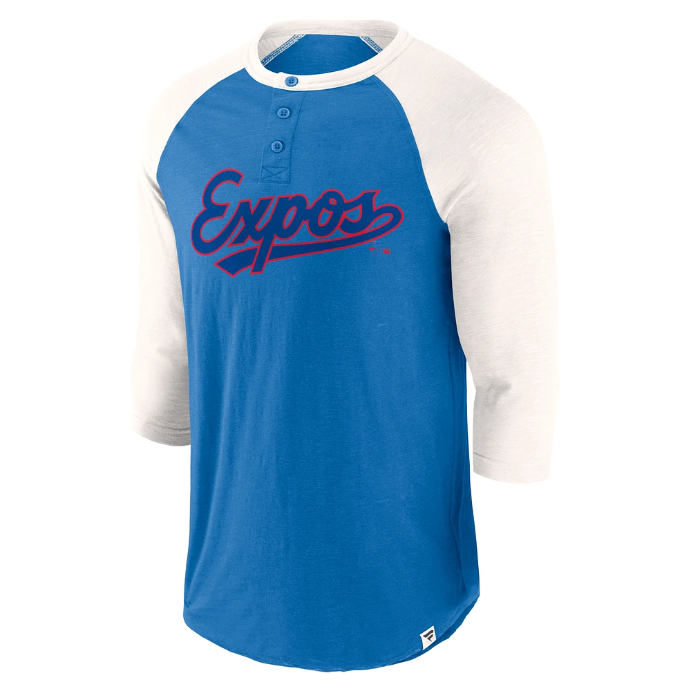 Men's Fanatics Royal/Cream Montreal Expos Cooperstown Collection Historical Win Slub Raglan 3/4 Sleeve T-Shirt
