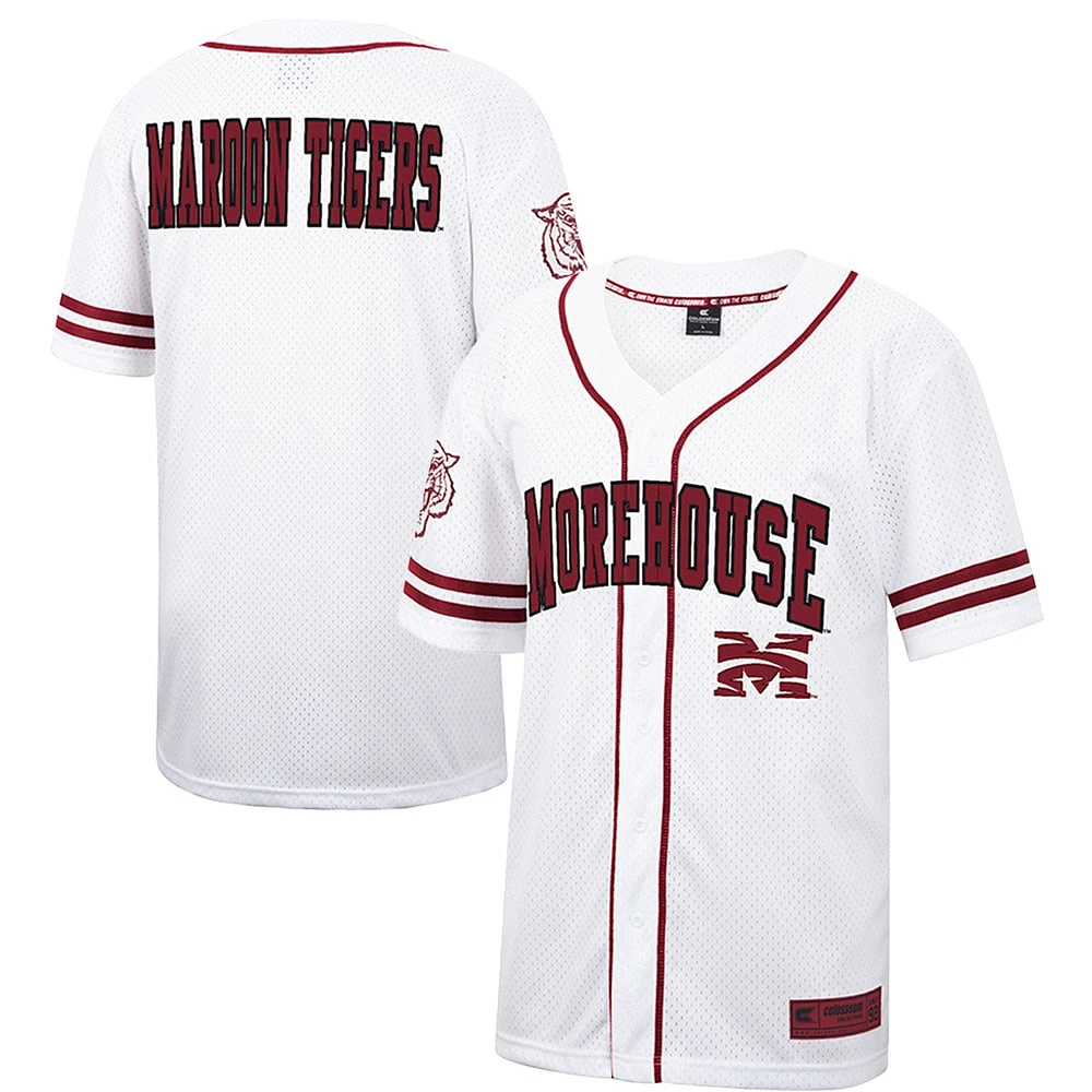 Men's Colosseum White Morehouse Maroon Tigers Free Spirited Mesh Button-Up Baseball Jersey