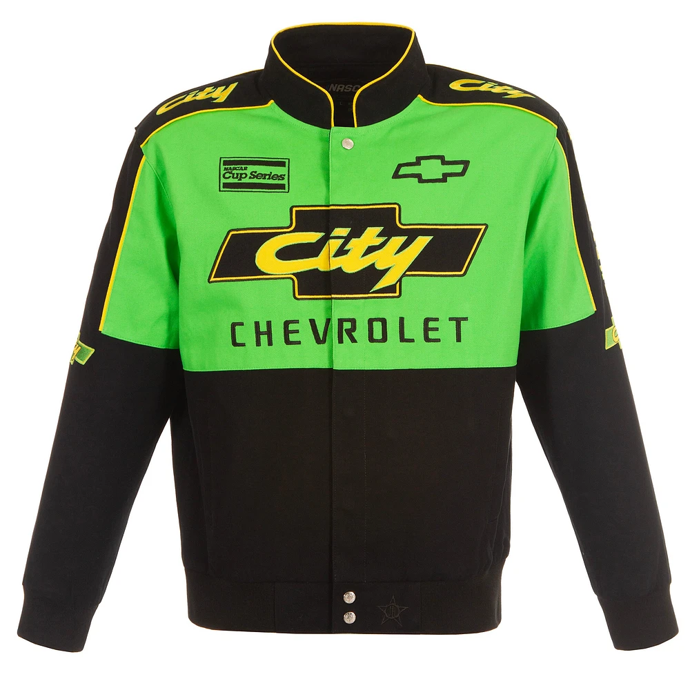 Veste d'uniforme en sergé à boutons-pression JH Design pour hommes, noir/vert NASCAR City Chevrolet Legend