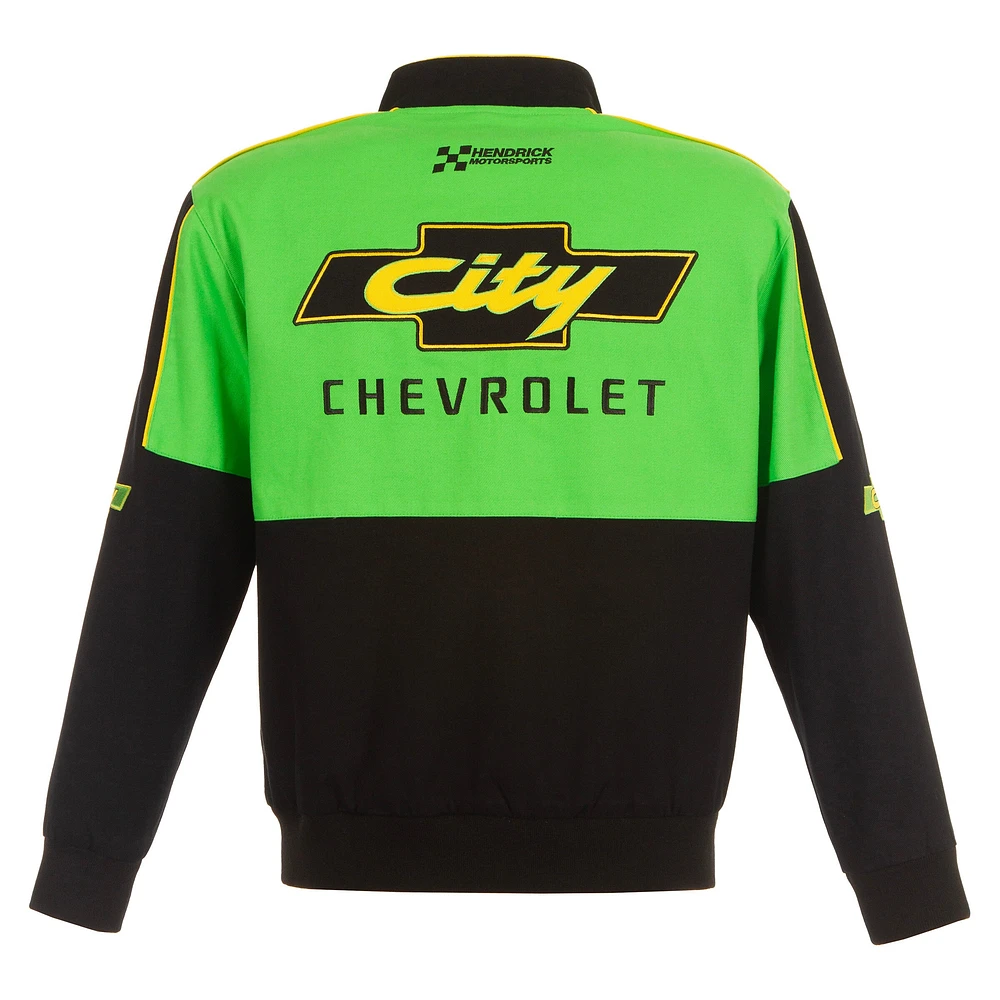 Veste d'uniforme en sergé à boutons-pression JH Design pour hommes, noir/vert NASCAR City Chevrolet Legend