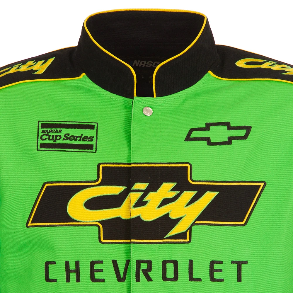 Veste d'uniforme en sergé à boutons-pression JH Design pour hommes, noir/vert NASCAR City Chevrolet Legend