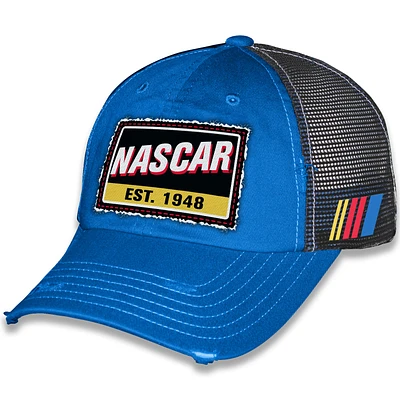 Casquette de camionneur unisexe ajustable avec drapeau à damier et patch vintage NASCAR bleu
