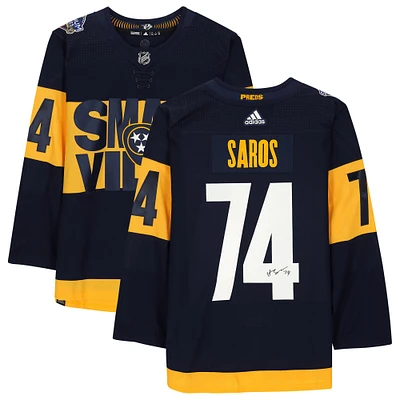 Maillot adidas authentique 2022 Stadium Series dédicacé par Juuse Saros Navy Nashville Predators