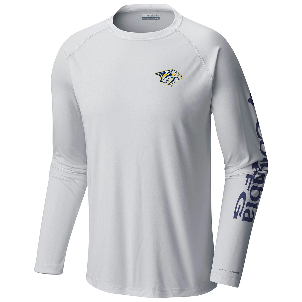 Men's  Columbia White Nashville Predators Terminal Tackle Omni-Shade Raglan Long Sleeve T-Shirt