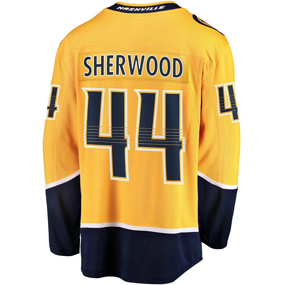 Men's Fanatics Kiefer Sherwood Gold Nashville Predators Home Breakaway Player Jersey