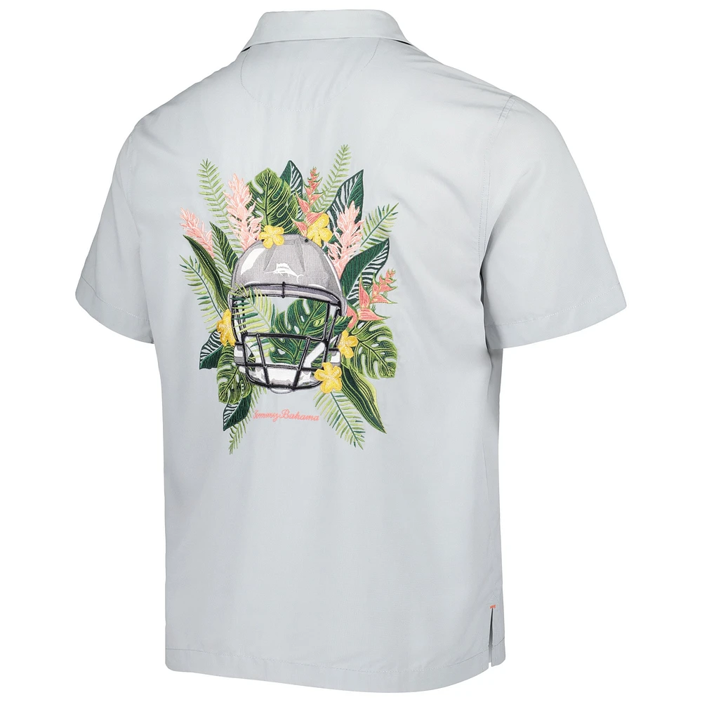 Men's Tommy Bahama Gray Navy Midshipmen Coconut Point Frondly Fan Camp IslandZone Button-Up Shirt