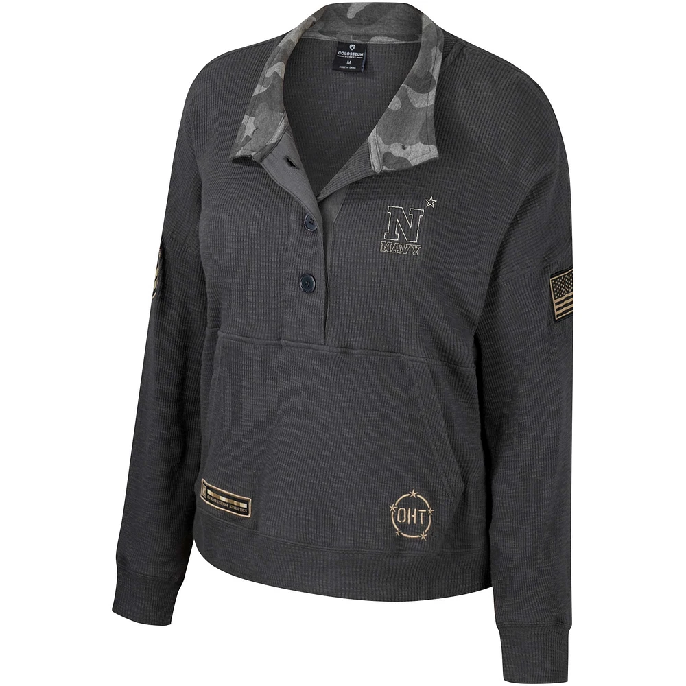 Women's Colosseum  Heather Charcoal Navy Midshipmen OHT Military Appreciation Payback Henley Thermal Sweatshirt