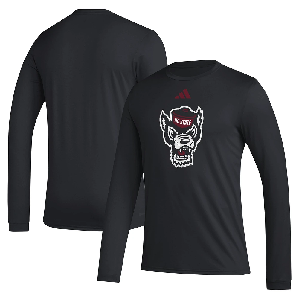 T-shirt d'avant-match à manches longues avec logo adidas pour hommes, NC State Wolfpack Primary Locker, noir