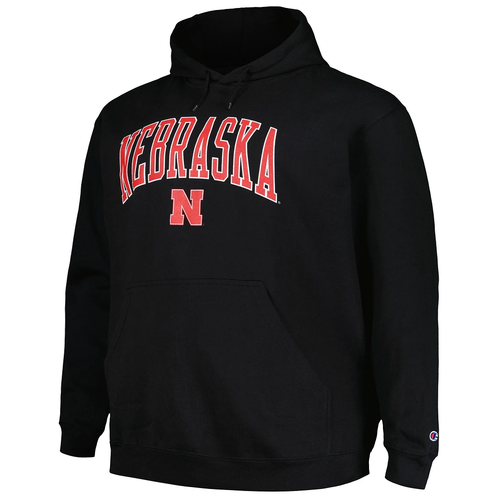 Men's Champion Black Nebraska Huskers Big & Tall Arch Over Logo Powerblend Pullover Hoodie