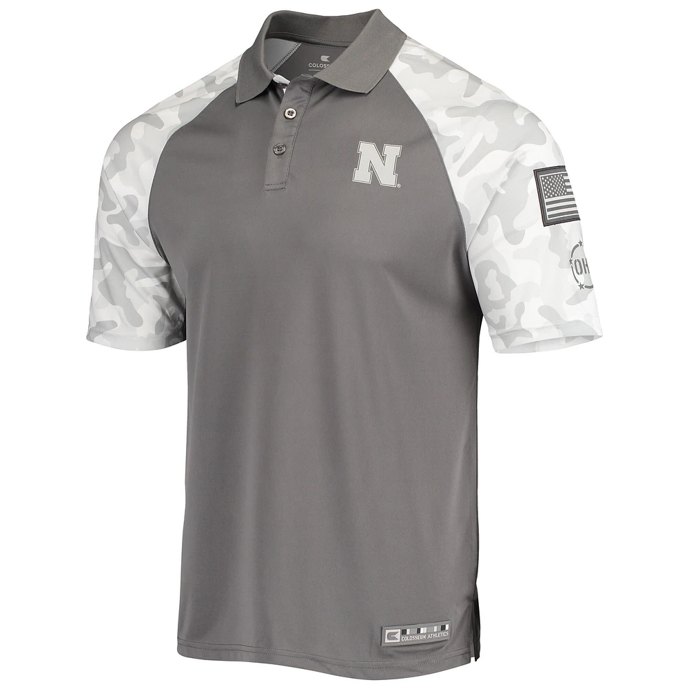 Men's Colosseum Gray/Camo Nebraska Huskers OHT Military Appreciation Raglan Zoomie Polo