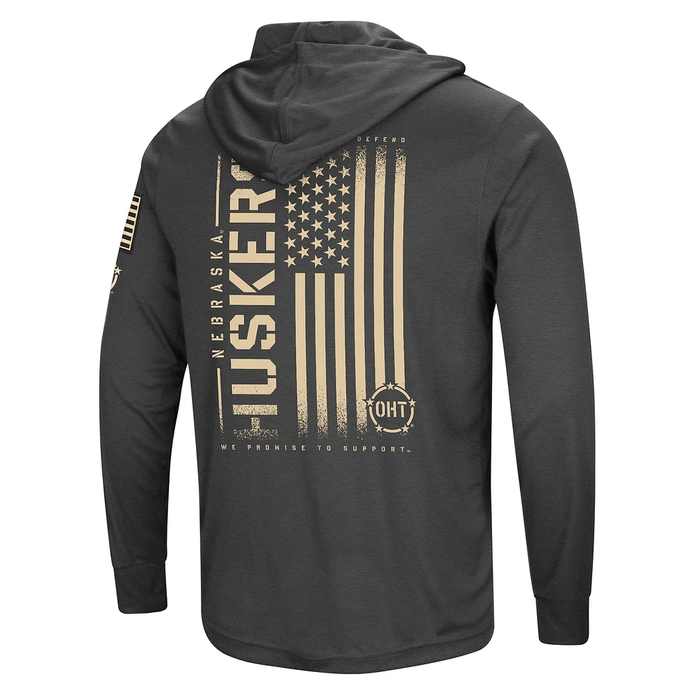 Men's Colosseum Heather Black Nebraska Huskers Team OHT Military Appreciation Long Sleeve Hoodie T-Shirt