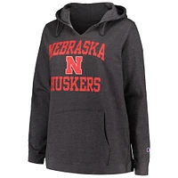 Women's Champion Heather Charcoal Nebraska Huskers Plus Heart & Soul Notch Neck Pullover