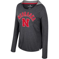 Women's Colosseum  Black Nebraska Huskers Distressed Heather Long Sleeve Hoodie T-Shirt