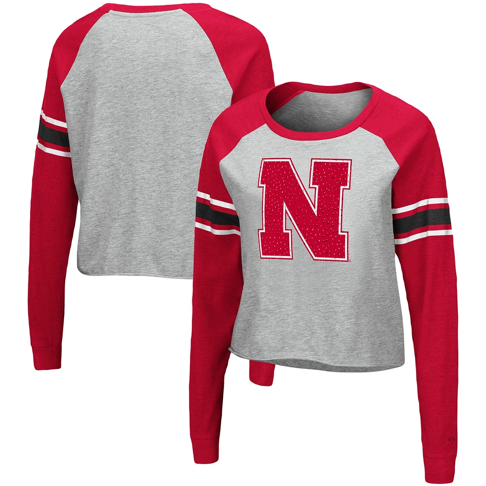 T-shirt à manches longues Colosseum gris chiné/écarlate pour femmes Nebraska Huskers Decoder Pin Raglan