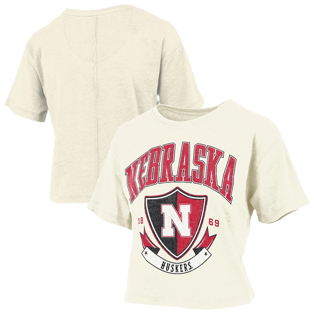 Women's Pressbox Cream Nebraska Huskers Buckler Vintage Cropped T-Shirt