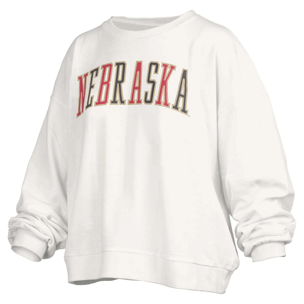 Women's Pressbox White Nebraska Huskers Janise Sequin Waist Length Oversized Pullover Sweatshirt