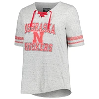 Women's Profile Heather Gray Nebraska Huskers Plus Striped Lace-Up V-Neck T-Shirt