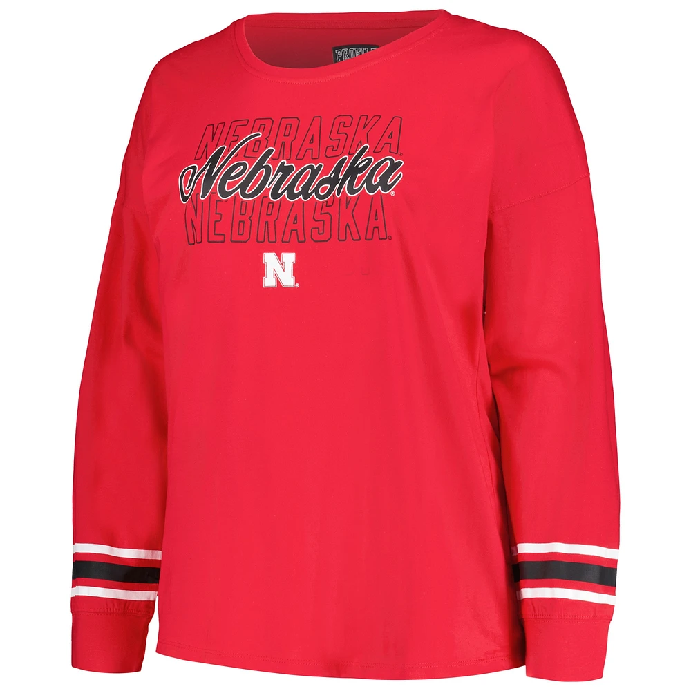Women's Profile Scarlet Nebraska Huskers Plus Triple Script Scoop Neck Long Sleeve T-Shirt