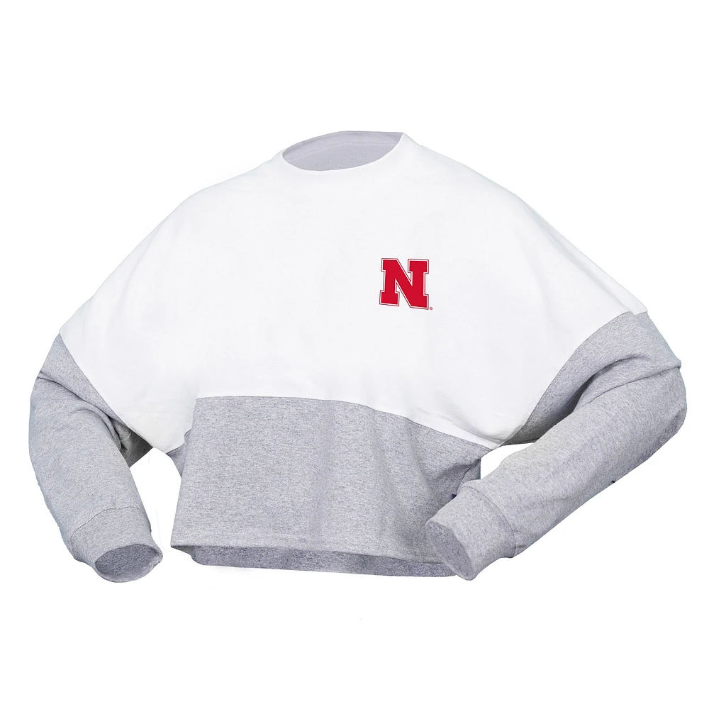 Women's Spirit Jersey  White Nebraska Huskers Heather Block Cropped Long Sleeve T-Shirt