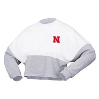 Women's Spirit Jersey  White Nebraska Huskers Heather Block Cropped Long Sleeve T-Shirt
