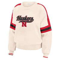 Pull à rayures et patchs tissés en chenille crème Nebraska Huskers pour femme WEAR by Erin Andrews