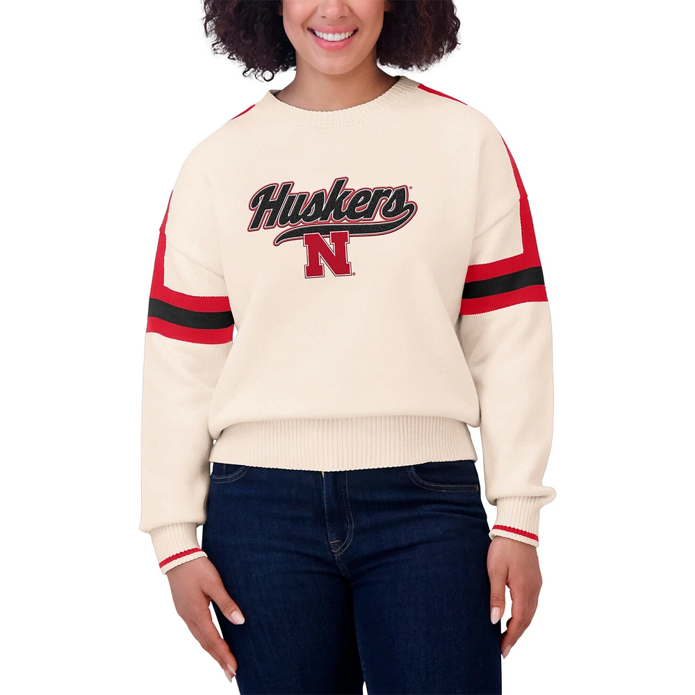 Pull à rayures et patchs tissés en chenille crème Nebraska Huskers pour femme WEAR by Erin Andrews