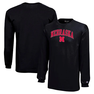 T-shirt noir à manches longues avec logo Nebraska Huskers Arch Over Champion pour jeunes
