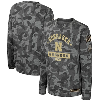 T-shirt à manches longues pour jeunes Colosseum Camo Nebraska Huskers OHT Appréciation militaire Dark Star
