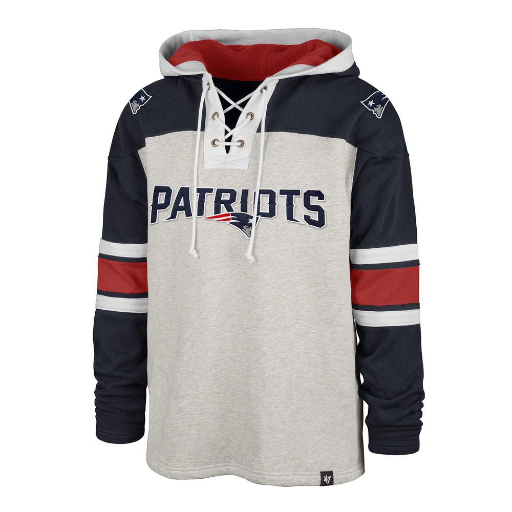 Men's '47 New England Patriots Heather Gray Gridiron Lace-Up Pullover Hoodie