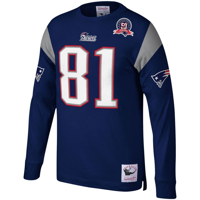 Haut à manches longues pour hommes Mitchell & Ness Randy Moss bleu marine New England Patriots nom et numéro du joueur retraité