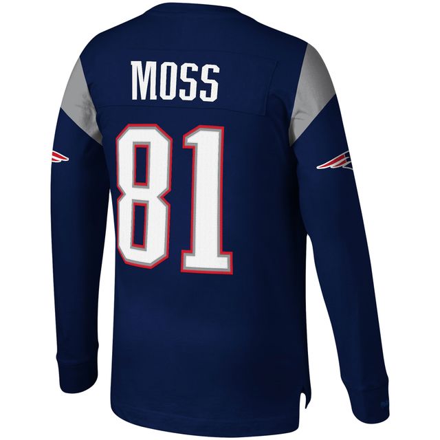 Haut à manches longues pour hommes Mitchell & Ness Randy Moss bleu marine New England Patriots nom et numéro du joueur retraité