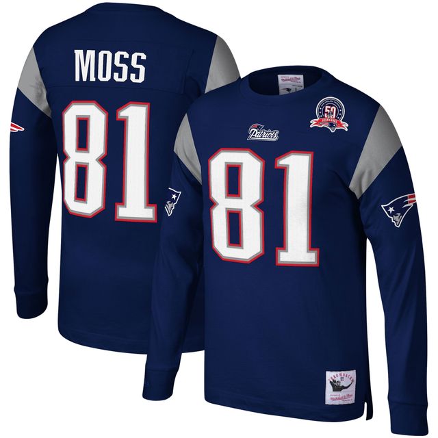 Haut à manches longues pour hommes Mitchell & Ness Randy Moss bleu marine New England Patriots nom et numéro du joueur retraité