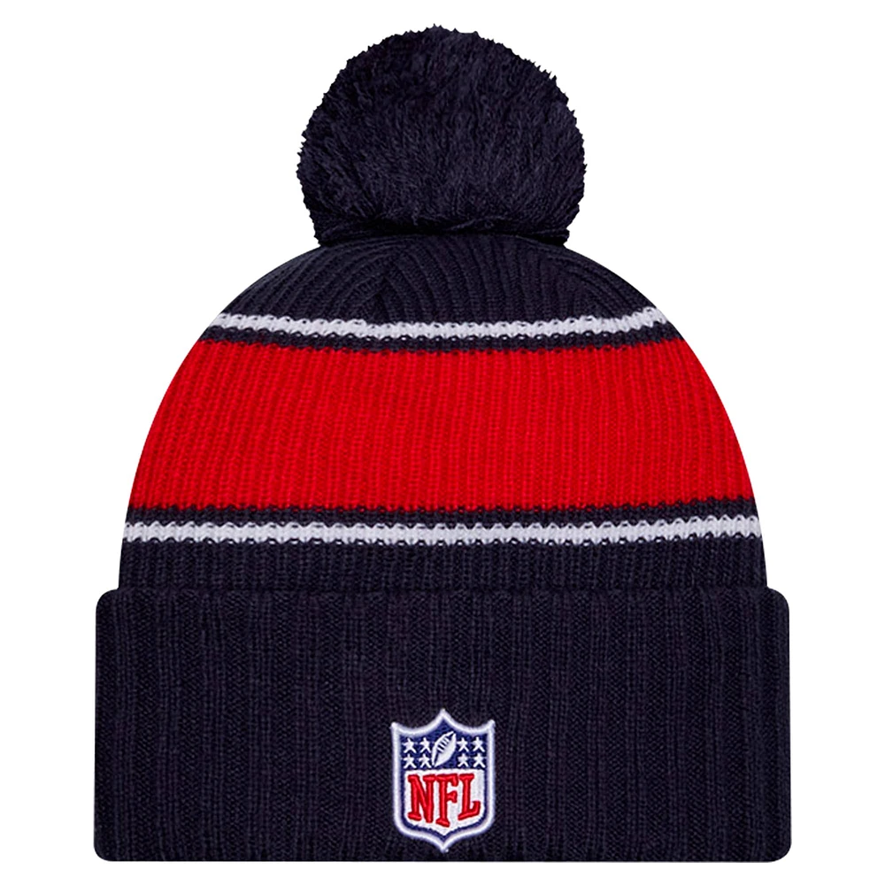 Men's New Era Navy New England Patriots 2024 Sideline Sport Cuffed Knit Hat with Pom