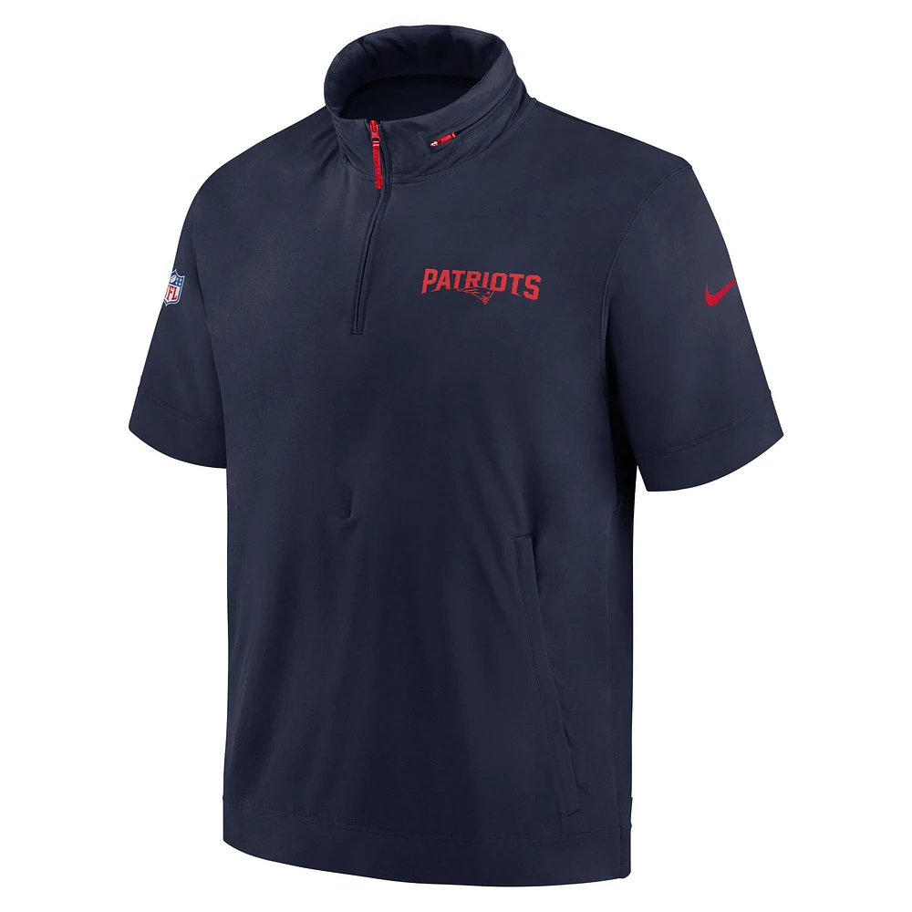 Men's Nike Navy New England Patriots 2024 Sideline Coach Short Sleeve Half-Zip Hoodie Jacket