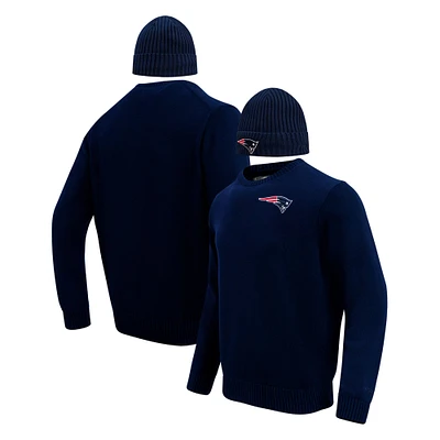 Pull à col rond et bonnet en tricot revers Pro Standard pour hommes, bleu marine, New England Patriots, coffret cadeau