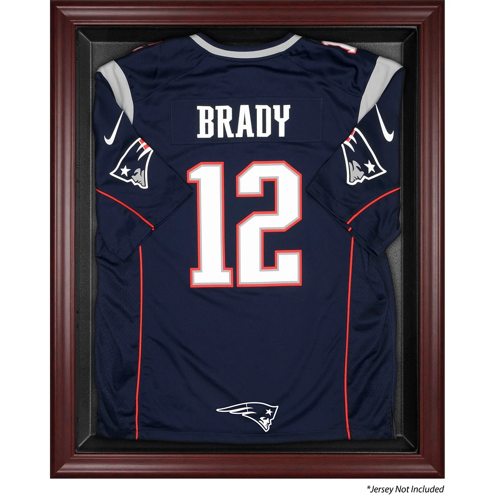 Vitrine de présentation du logo du maillot des New England Patriots avec cadre en acajou