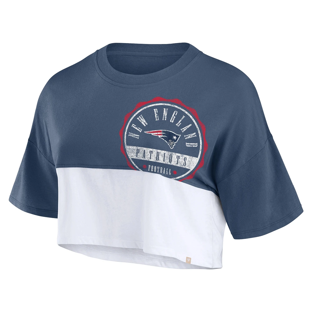 Women's Fanatics Navy/White New England Patriots Boxy Color Split Cropped T-Shirt