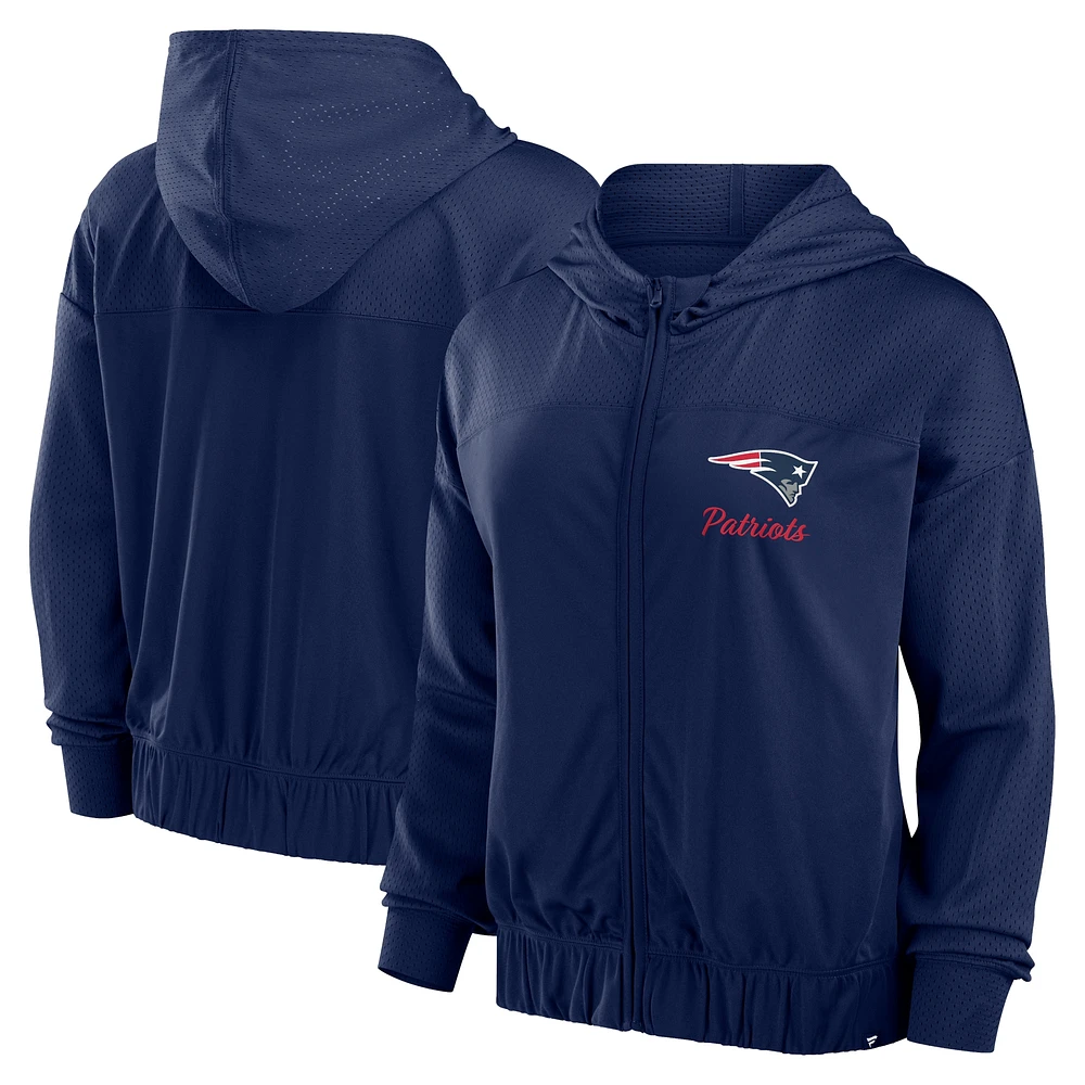 Sweat à capuche entièrement zippé Fanatics pour femmes, bleu marine, New England Patriots Script Lock