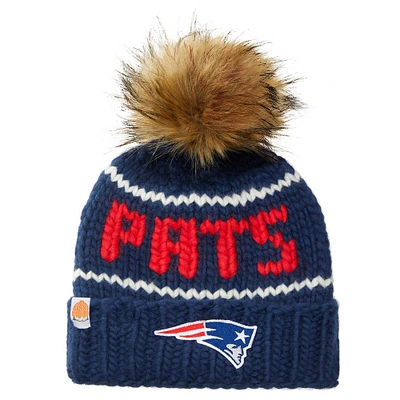 Sh*t That I Knit Navy New England Patriots Bonnet en laine mérinos à bords tricotés à la main avec pompon en fausse fourrure pour femme