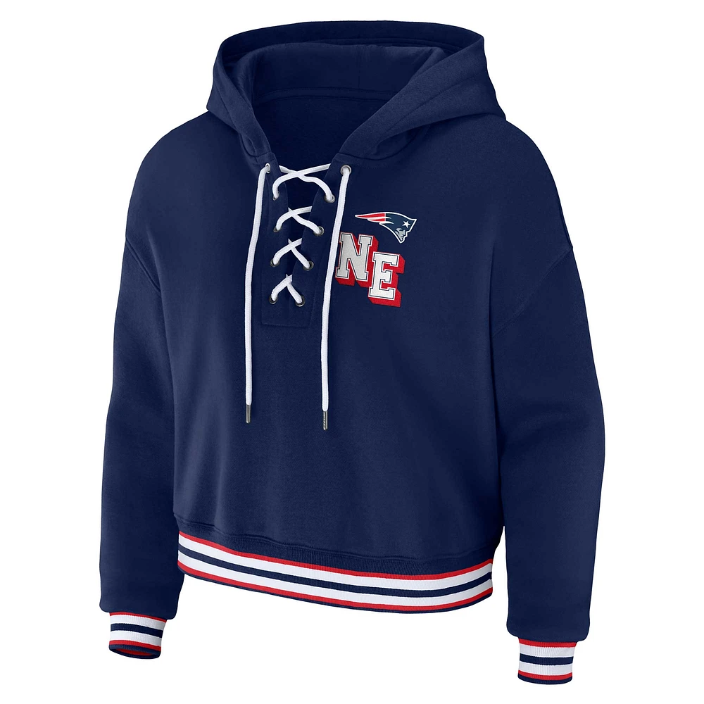 Women's WEAR by Erin Andrews Navy New England Patriots Plus Lace-Up Pullover Hoodie