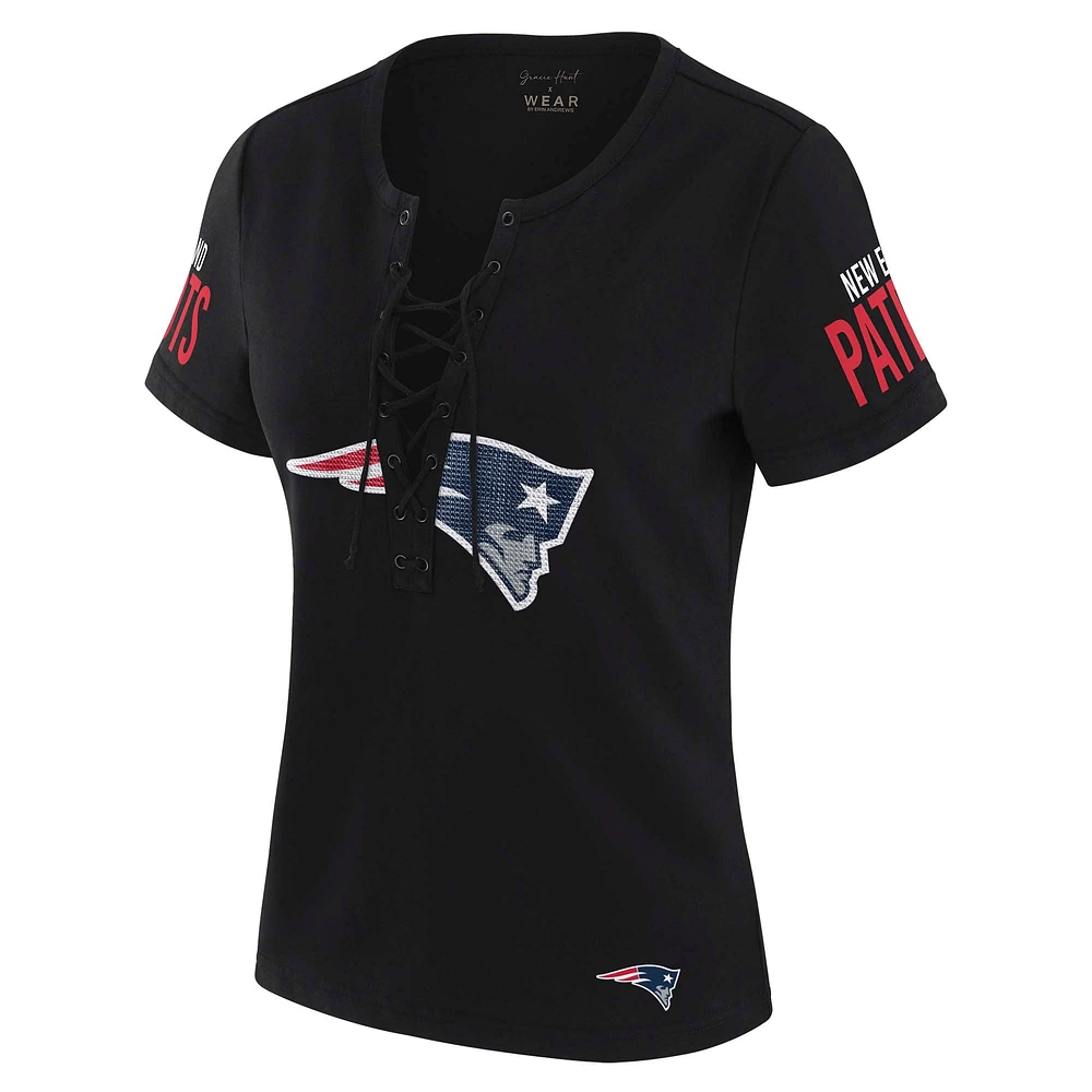 Women's WEAR by Erin Andrews x Gracie Hunt Black New England Patriots Draft Me Lace-Up T-Shirt