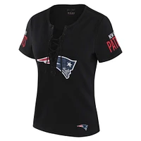 Women's WEAR by Erin Andrews x Gracie Hunt Black New England Patriots Draft Me Lace-Up T-Shirt