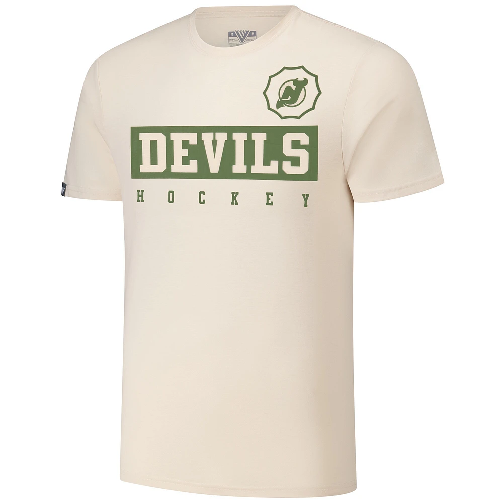 Men's Levelwear Jack Hughes Khaki New Jersey Devils 2024 NHL Military Appreciation Richmond Delta Player Name & Number T-Shirt