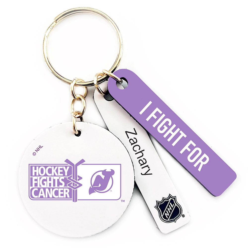 White New Jersey Devils Hockey Fights Cancer Personalized Ribbon Keychain