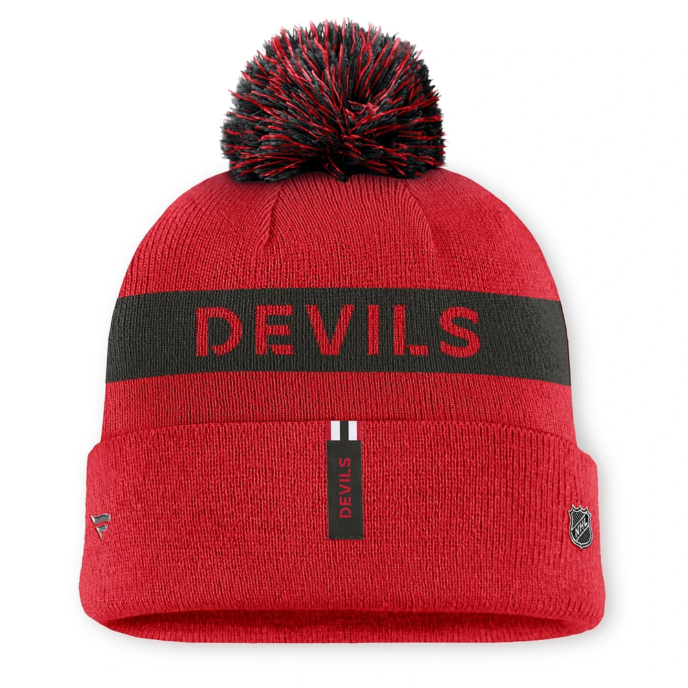 Women's Fanatics Red/Black New Jersey Devils Authentic Pro Rink Cuffed Knit Hat with Pom