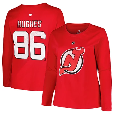 T-shirt à manches longues imprimé vieilli avec nom et numéro pour femme Jack Hughes Red New Jersey Devils