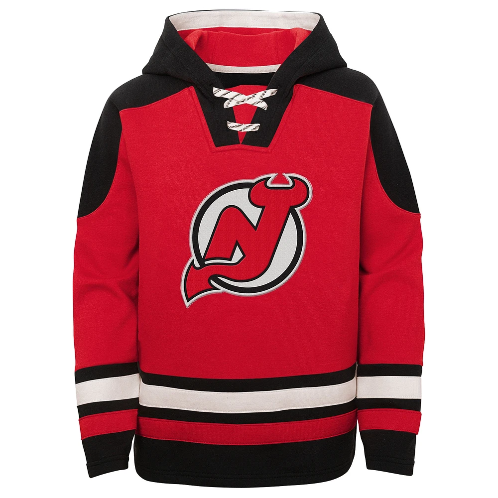 Youth Jack Hughes Red New Jersey Devils Ageless Must-Have V-Neck Name & Number Pullover Hoodie